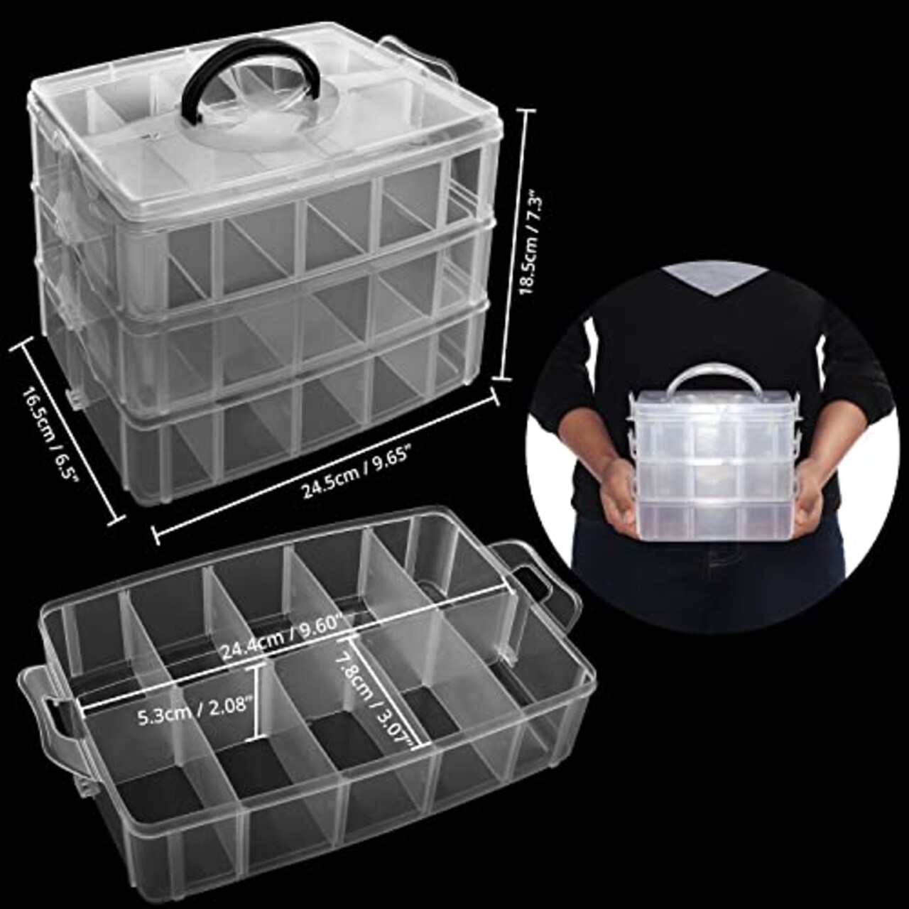 3 layer Stackable Storage Container 30 Adjustable Compartments - Stackable Storage Box for Hot Wheels, Toys, Jewelry, Beads, Arts, Crafts, Washi Tape, - Sewing Box, Sewing Accessories Organizer